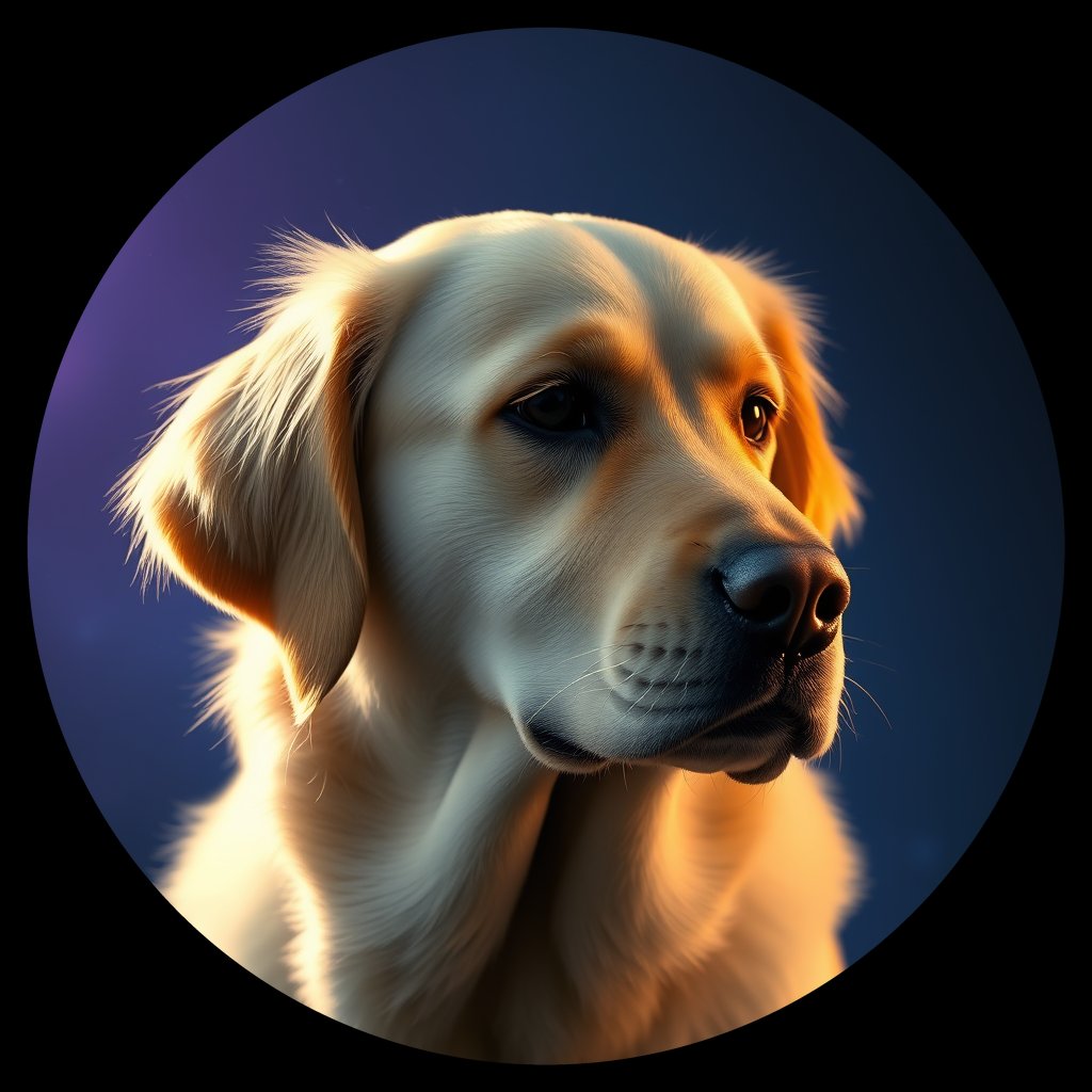 Cosmic medallion portrait of GRLS_grls3N5D0C33, a Golden Retriever