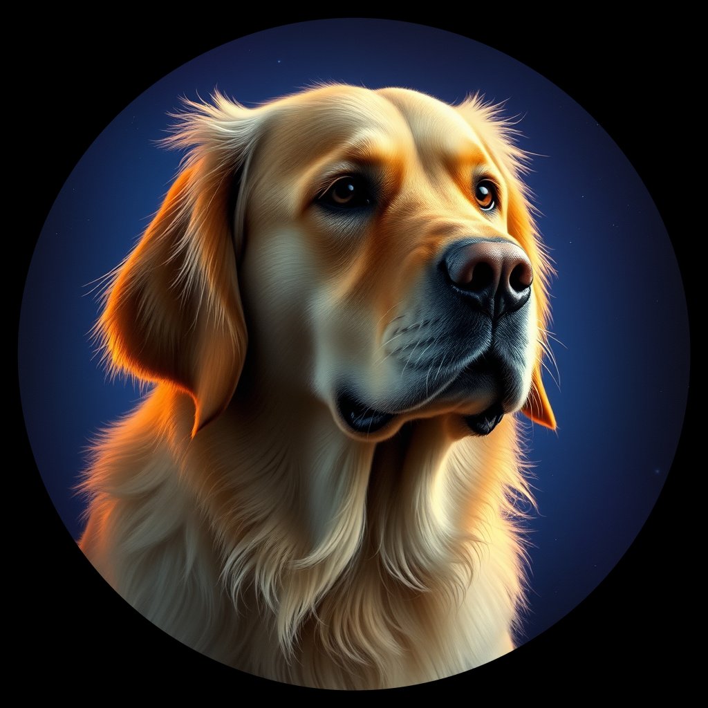 Cosmic medallion portrait of GRLS_grls3RTA1QFF, a Golden Retriever