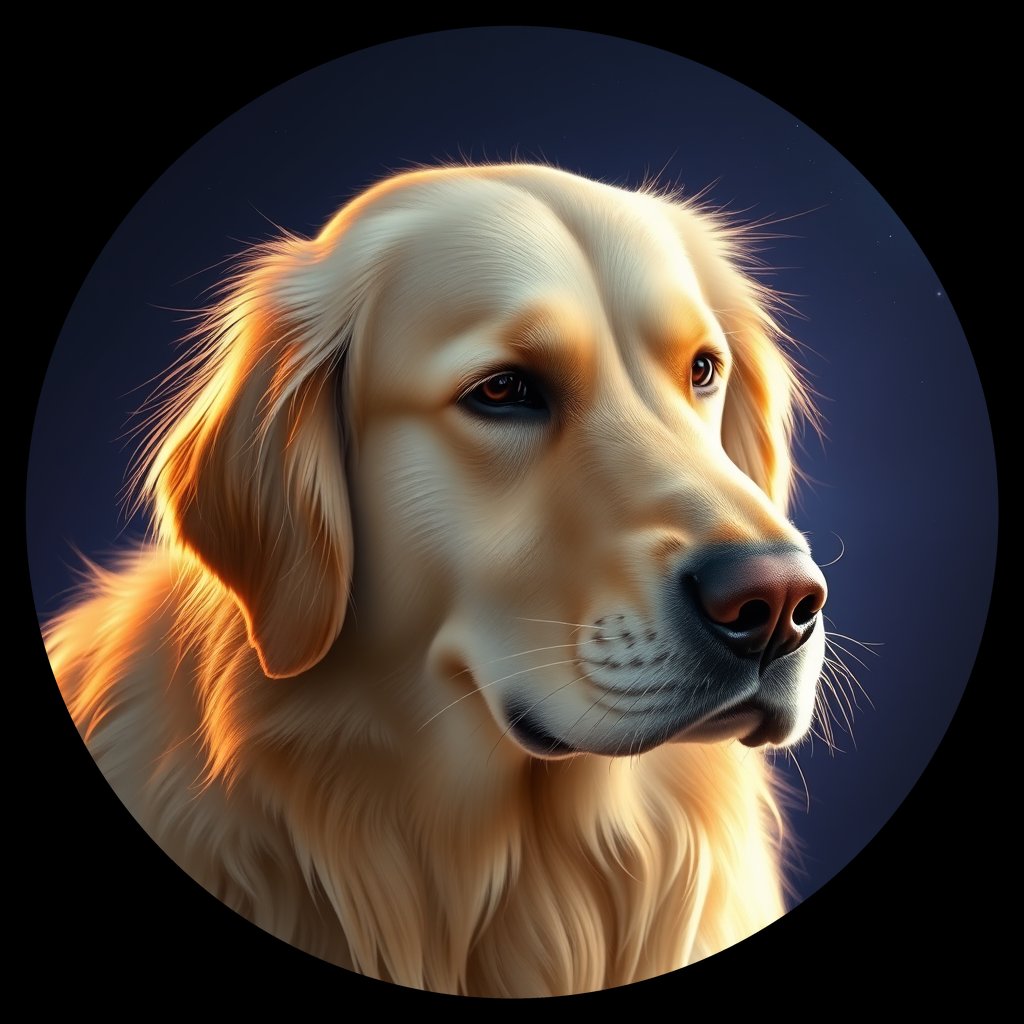 Cosmic medallion portrait of GRLS_grls3V6P5EEE, a Golden Retriever