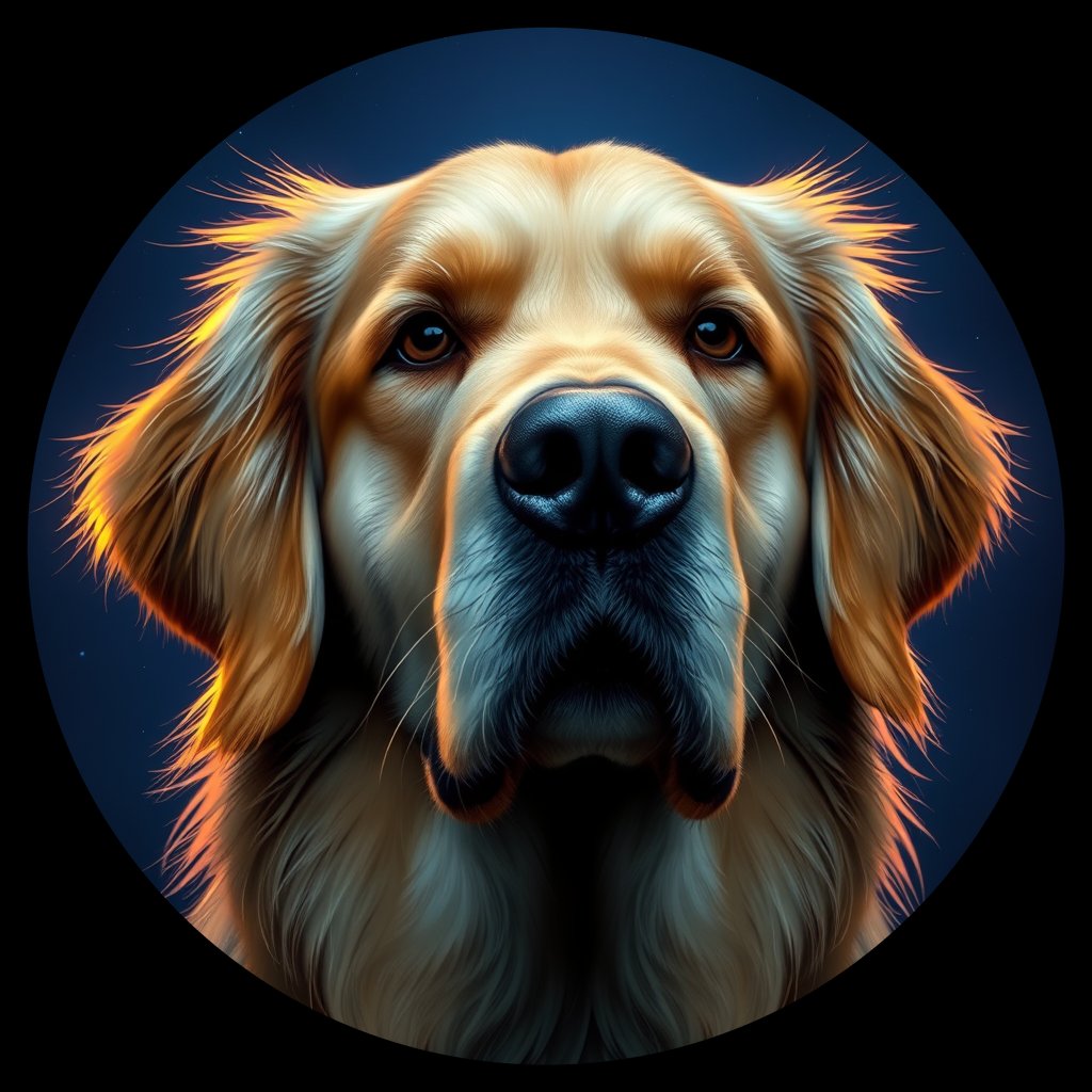 Cosmic medallion portrait of GRLS_grls40J3I655, a Golden Retriever
