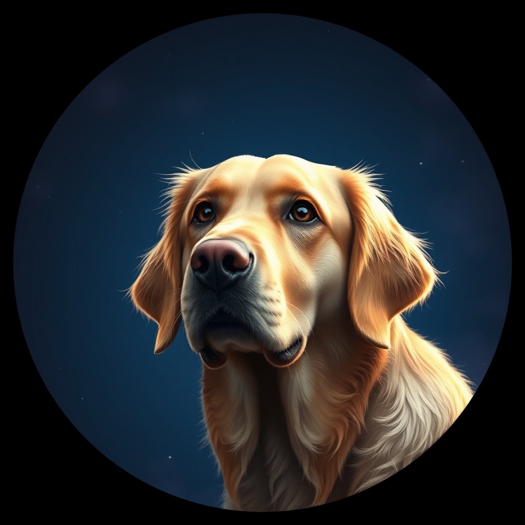 Cosmic medallion portrait of GRLS_grls4E3UX6YY, a Golden Retriever
