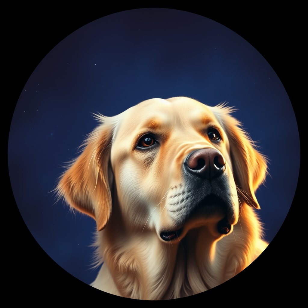 Cosmic medallion portrait of GRLS_grls4EIELLL, a Golden Retriever