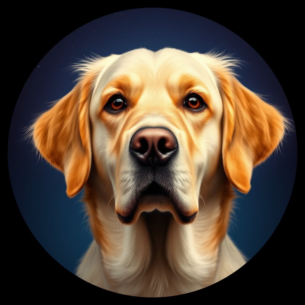 Cosmic medallion portrait of GRLS_grls4EVQSLTT, a Golden Retriever