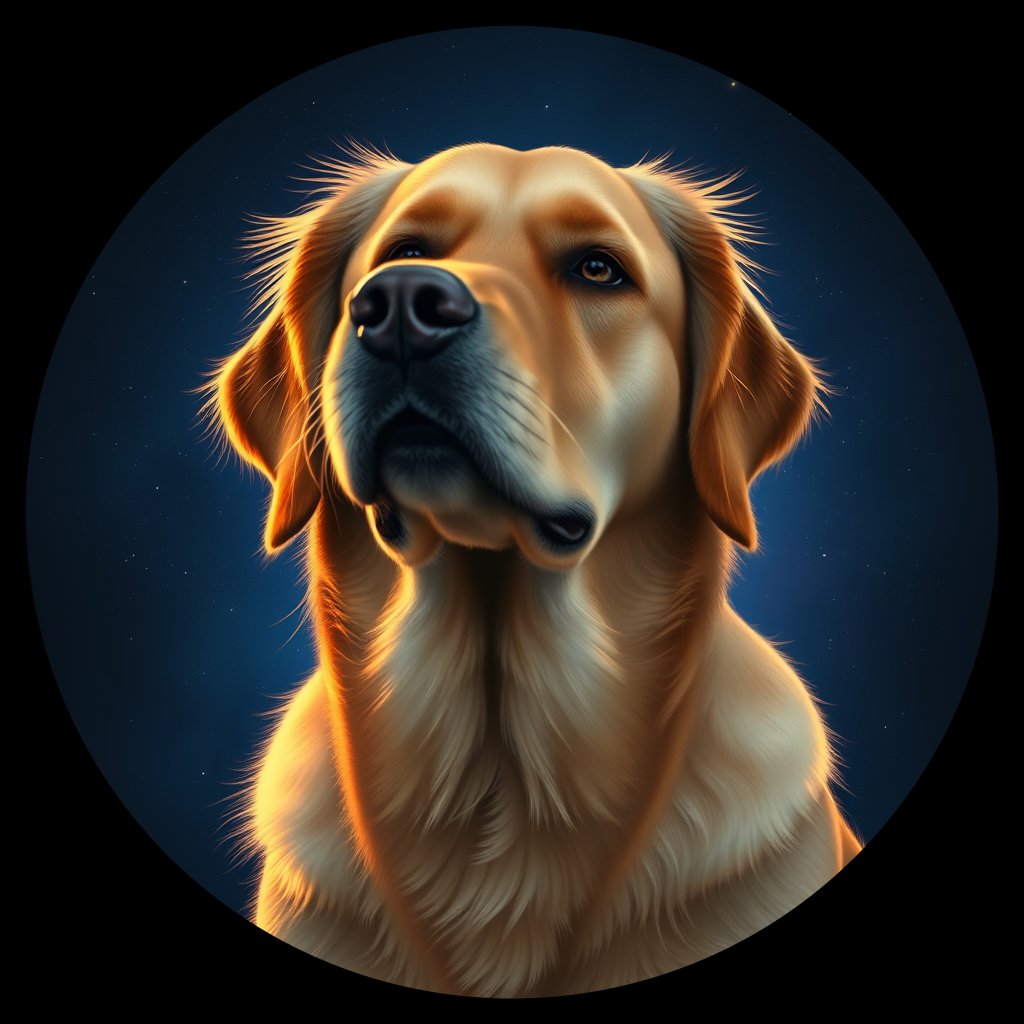 Cosmic medallion portrait of GRLS_grls4J23FPEE, a Golden Retriever