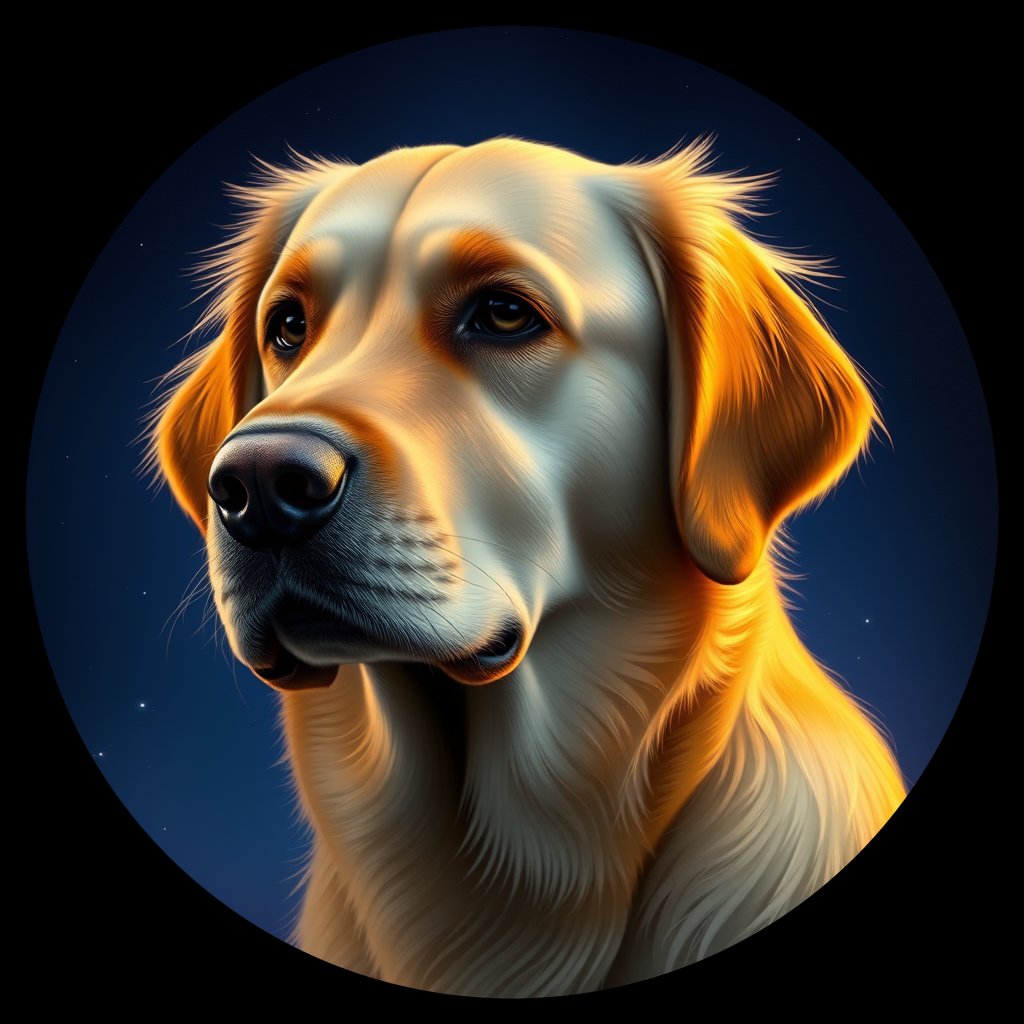 Cosmic medallion portrait of GRLS_grls4JXNLFRR, a Golden Retriever
