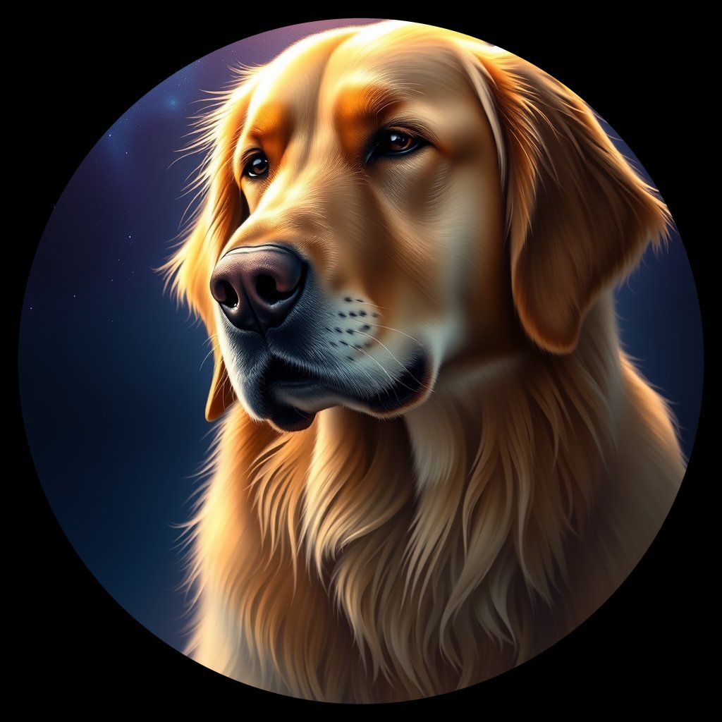 Cosmic medallion portrait of GRLS_grls4M9RF144, a Golden Retriever