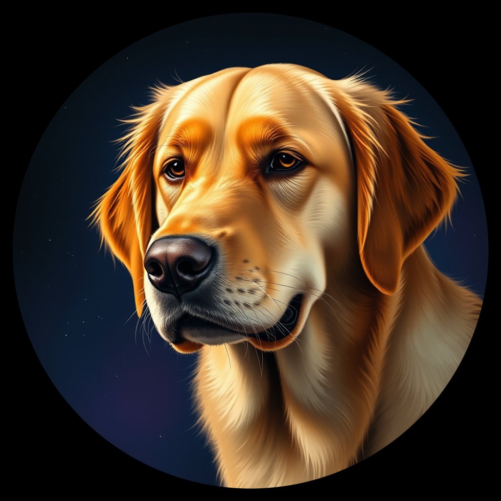 Cosmic medallion portrait of GRLS_grls4P20GZ55, a Golden Retriever