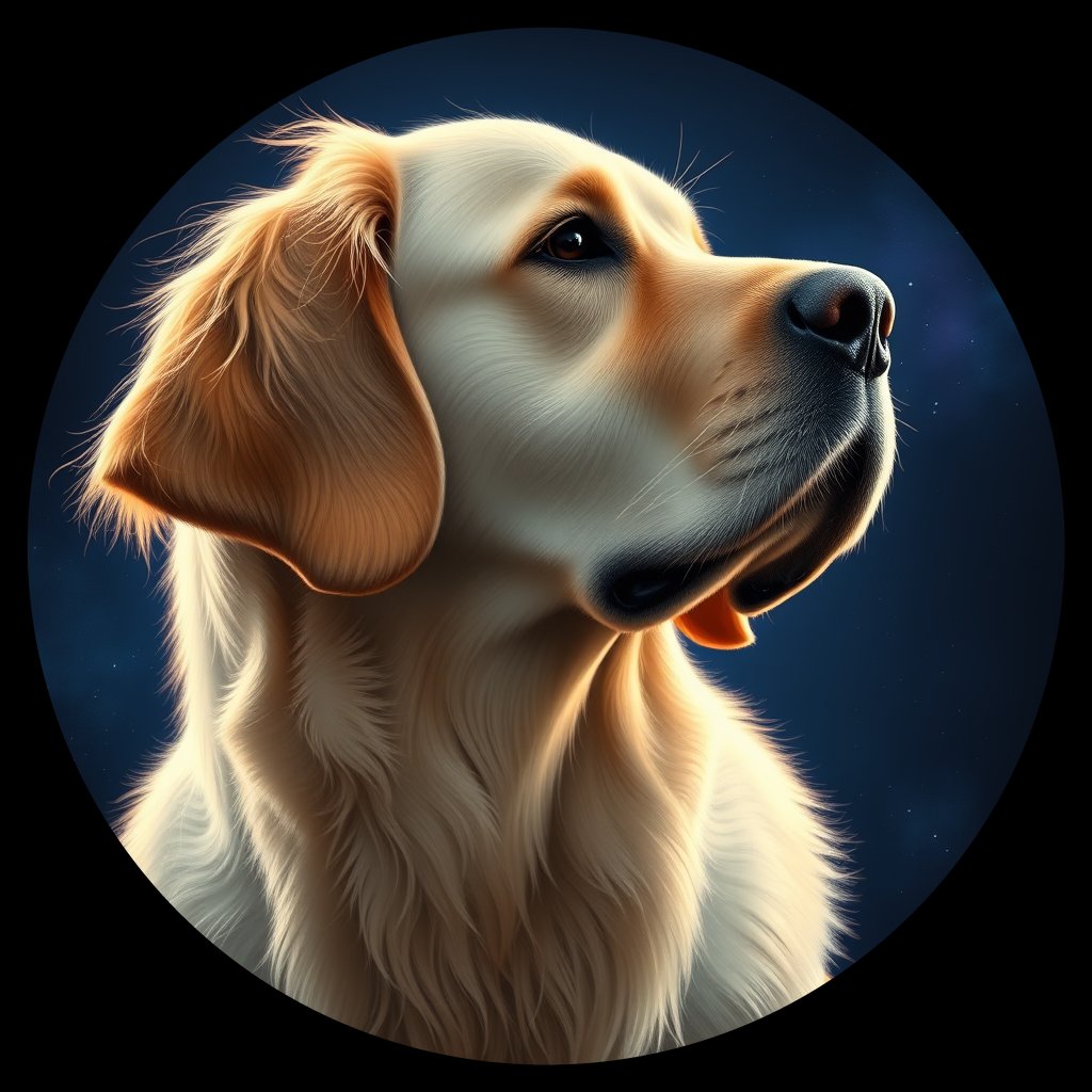 Cosmic medallion portrait of GRLS_grls4PEHX1GG, a Golden Retriever