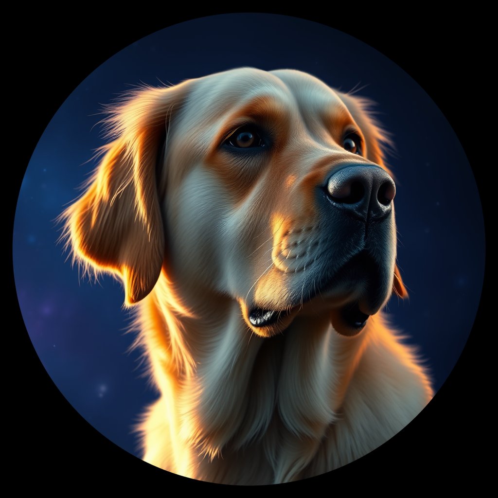 Cosmic medallion portrait of GRLS_grls4QLTUUDD, a Golden Retriever