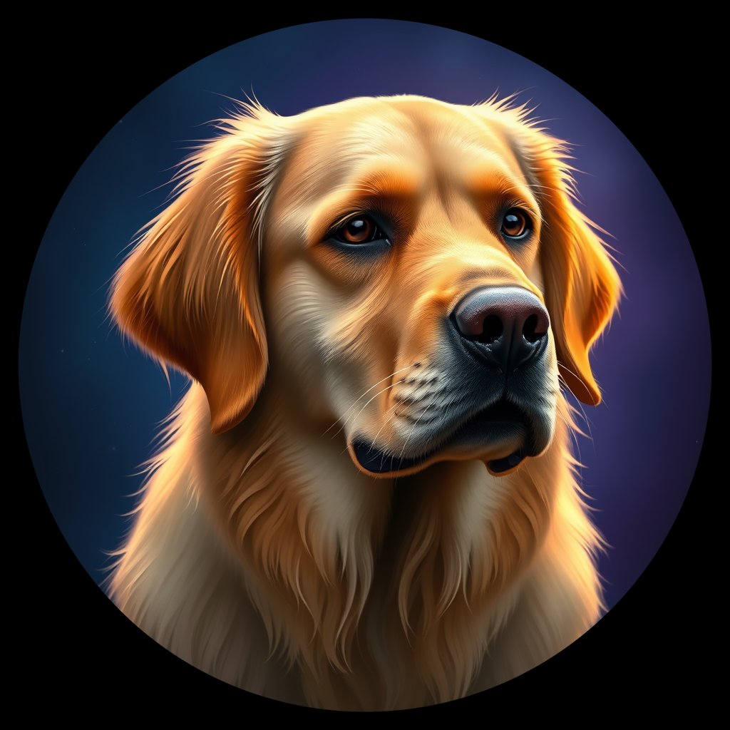 Cosmic medallion portrait of GRLS_grls4SP304TT, a Golden Retriever