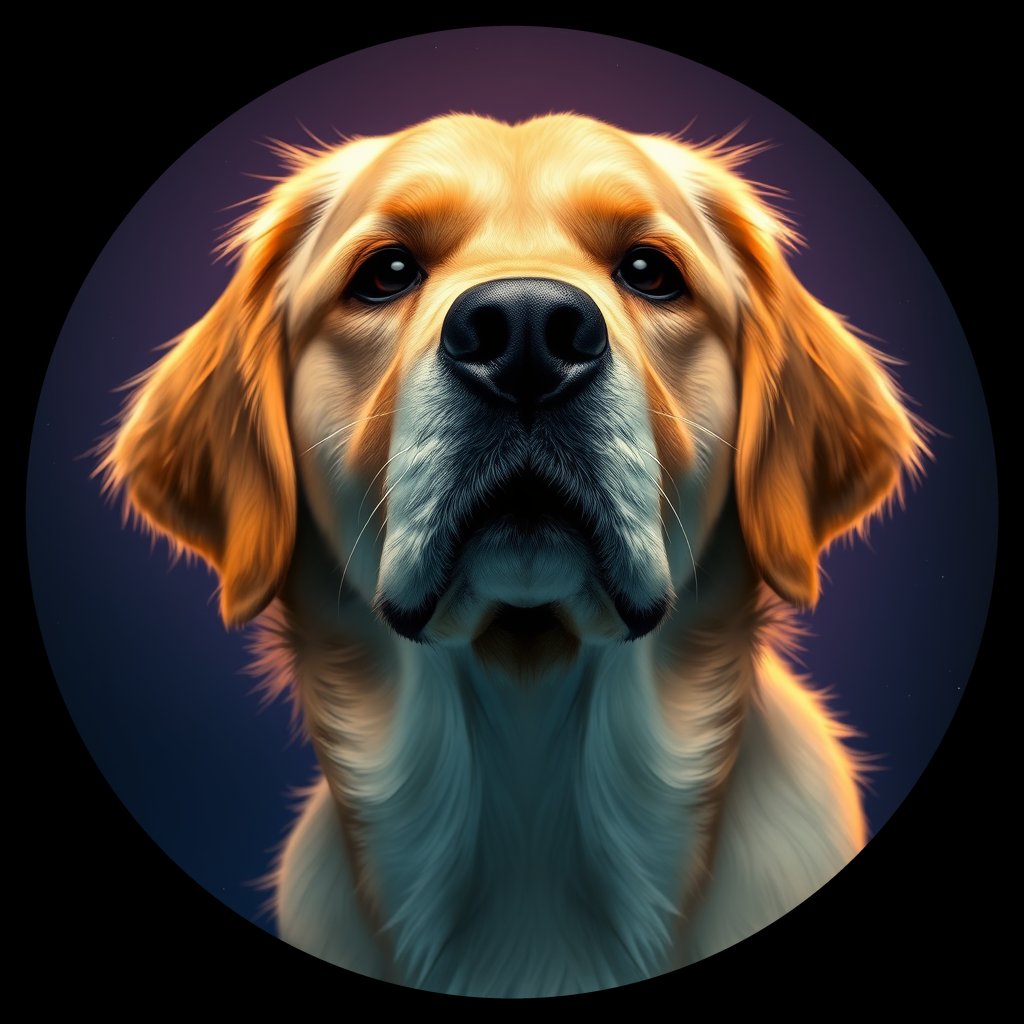 Cosmic medallion portrait of GRLS_grls4SW9ND66, a Golden Retriever