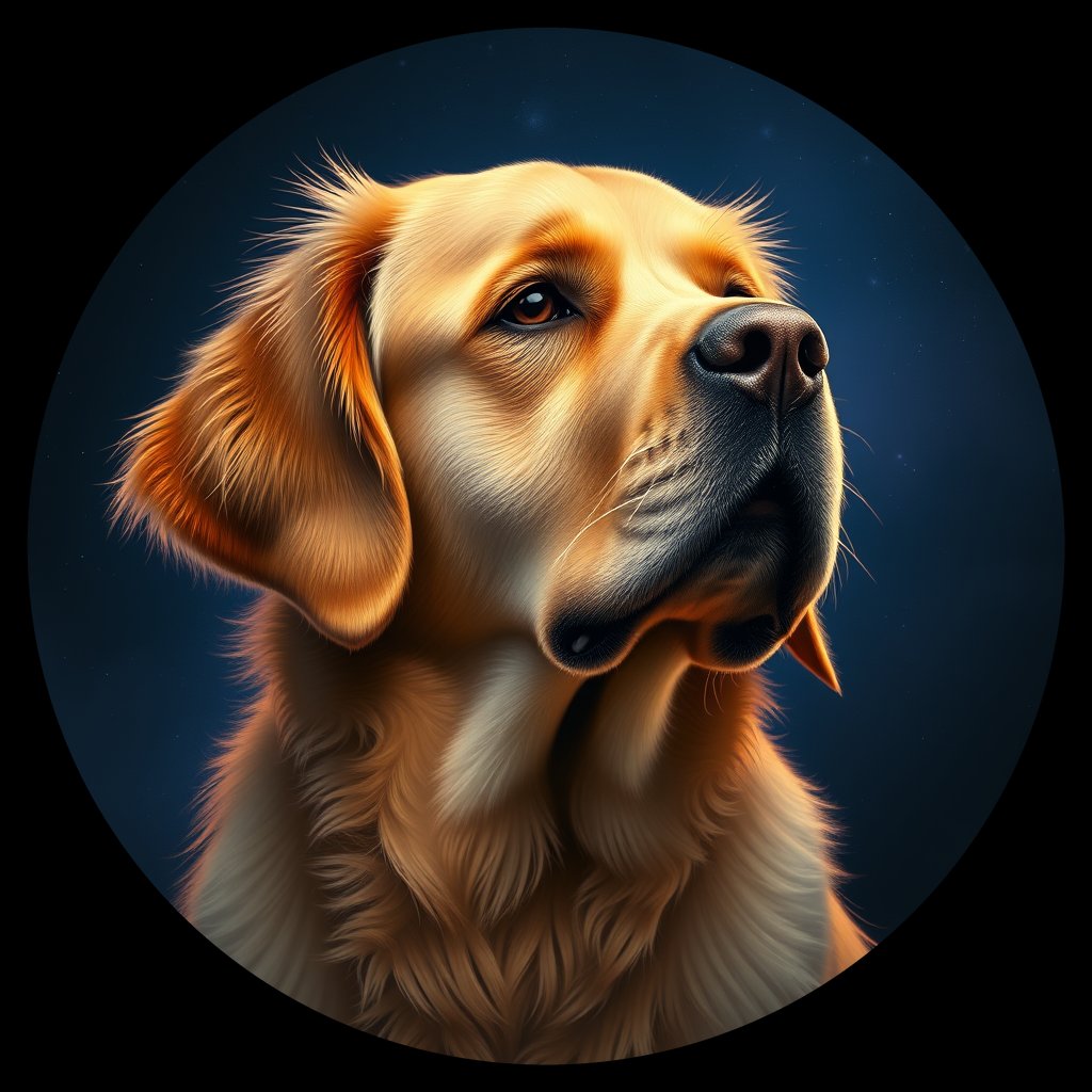 Cosmic medallion portrait of GRLS_grls4UW71QLL, a Golden Retriever
