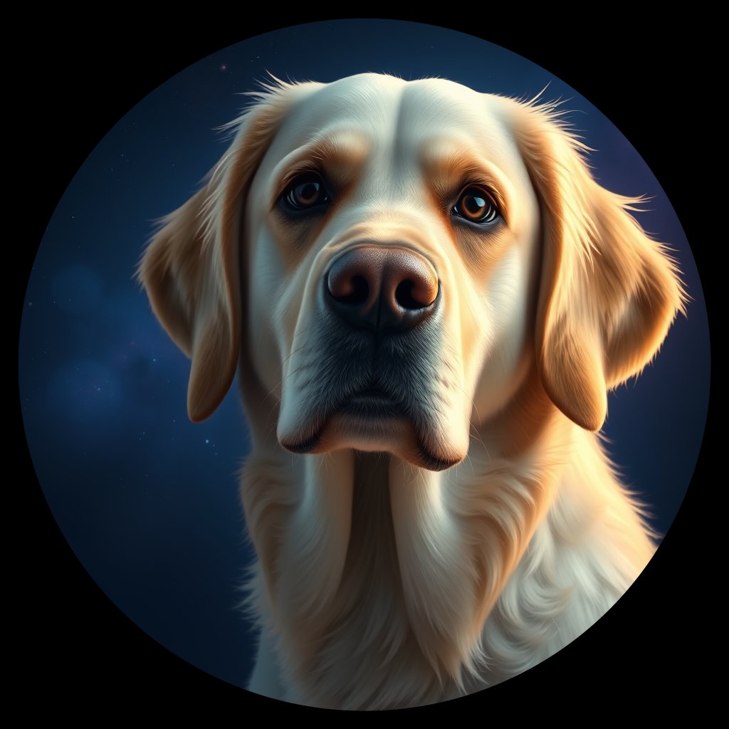 Cosmic medallion portrait of GRLS_grls4V37K977, a Golden Retriever