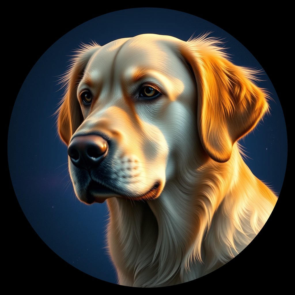 Cosmic medallion portrait of GRLS_grls50XIHIEE, a Golden Retriever