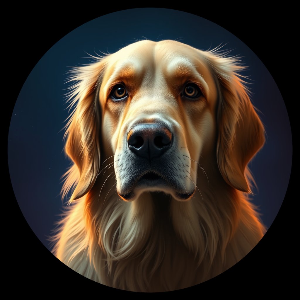 Cosmic medallion portrait of GRLS_grls5685Q77, a Golden Retriever