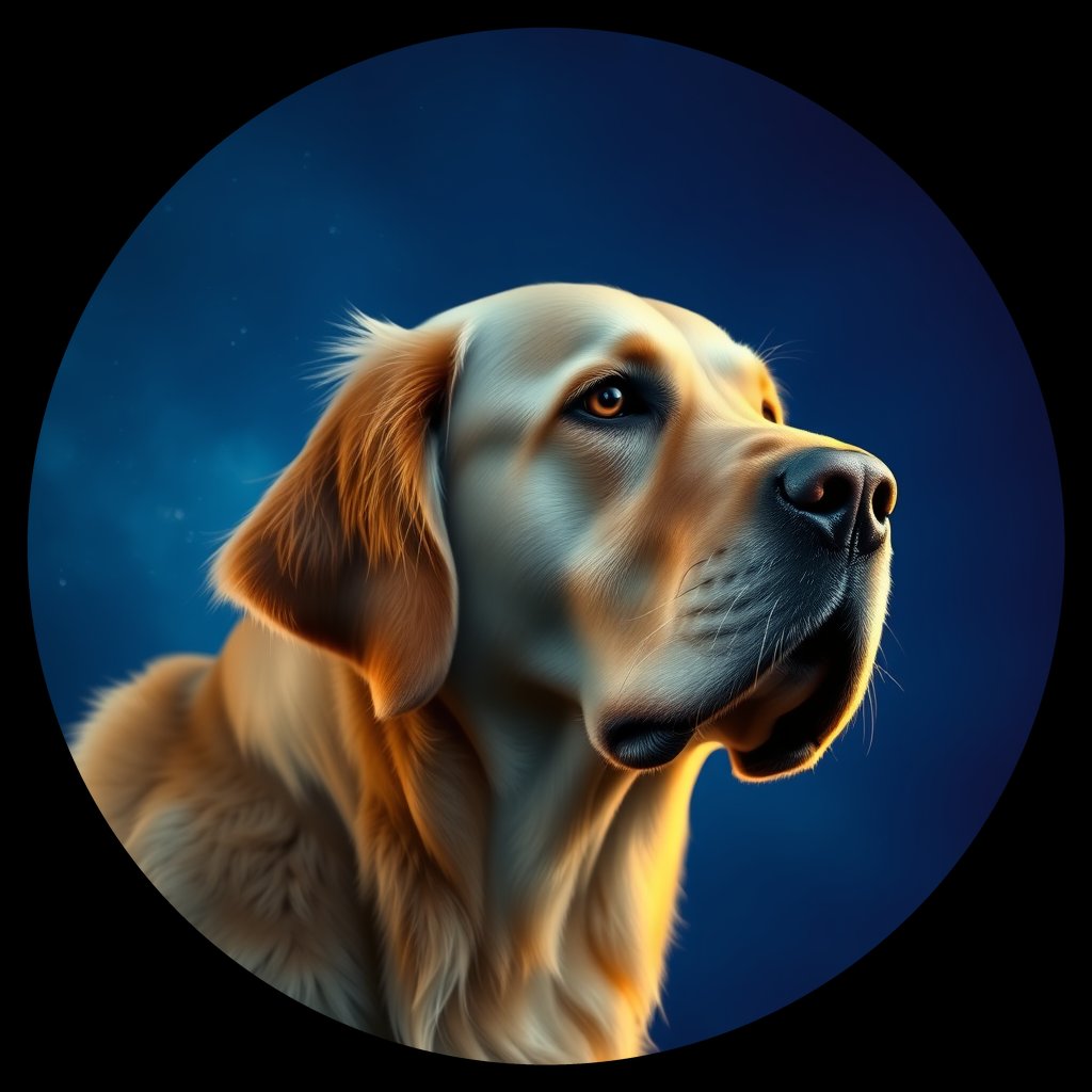 Cosmic medallion portrait of GRLS_grls56IRX9GG, a Golden Retriever