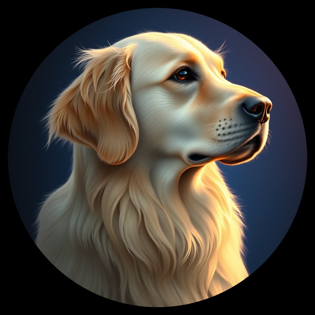 Cosmic medallion portrait of GRLS_grls5E6I4WMM, a Golden Retriever