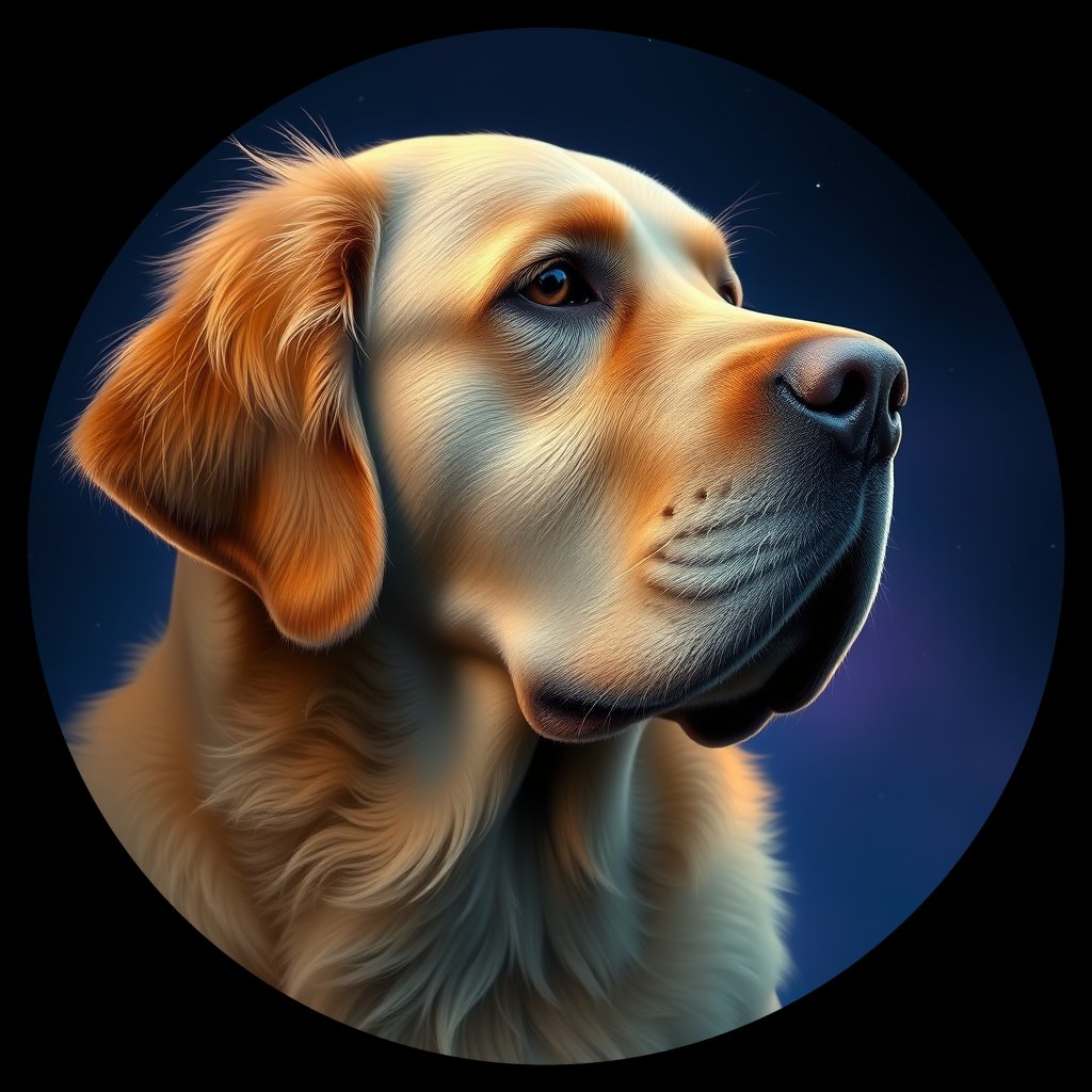 Cosmic medallion portrait of GRLS_grls5FUZ8KBB, a Golden Retriever