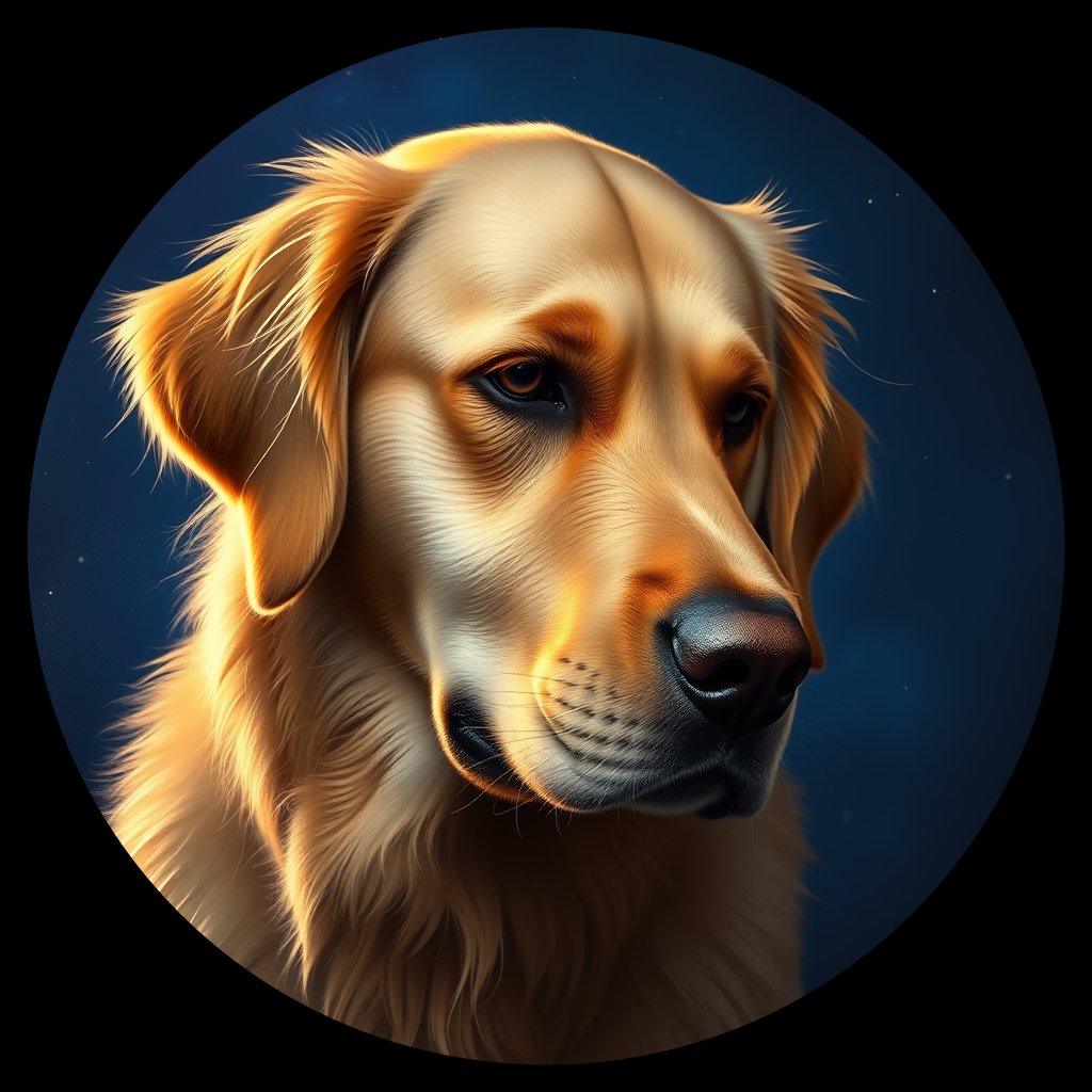 Cosmic medallion portrait of GRLS_grls5KRMWDUU, a Golden Retriever