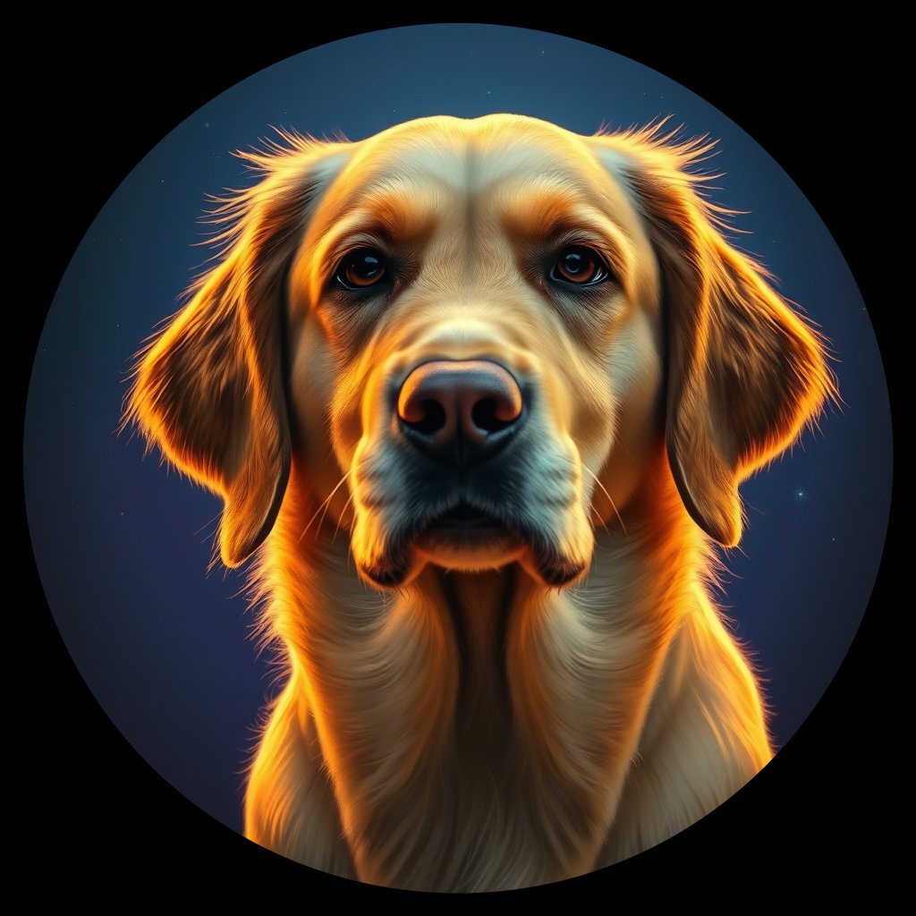 Cosmic medallion portrait of GRLS_grls5M86OYNN, a Golden Retriever