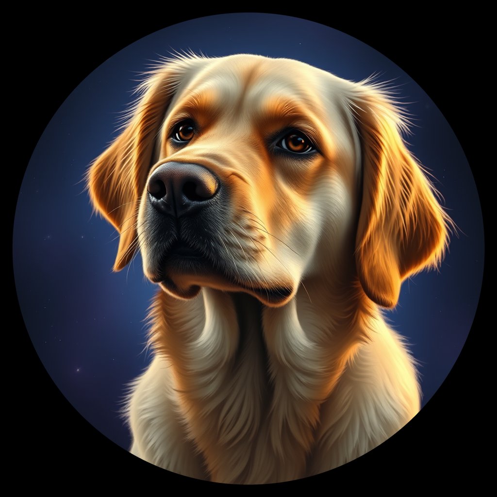Cosmic medallion portrait of GRLS_grls5MTLQQPP, a Golden Retriever