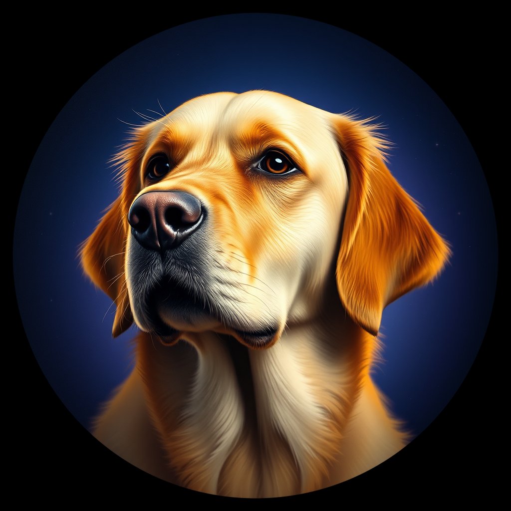Cosmic medallion portrait of GRLS_grls5Q2QZUSS, a Golden Retriever