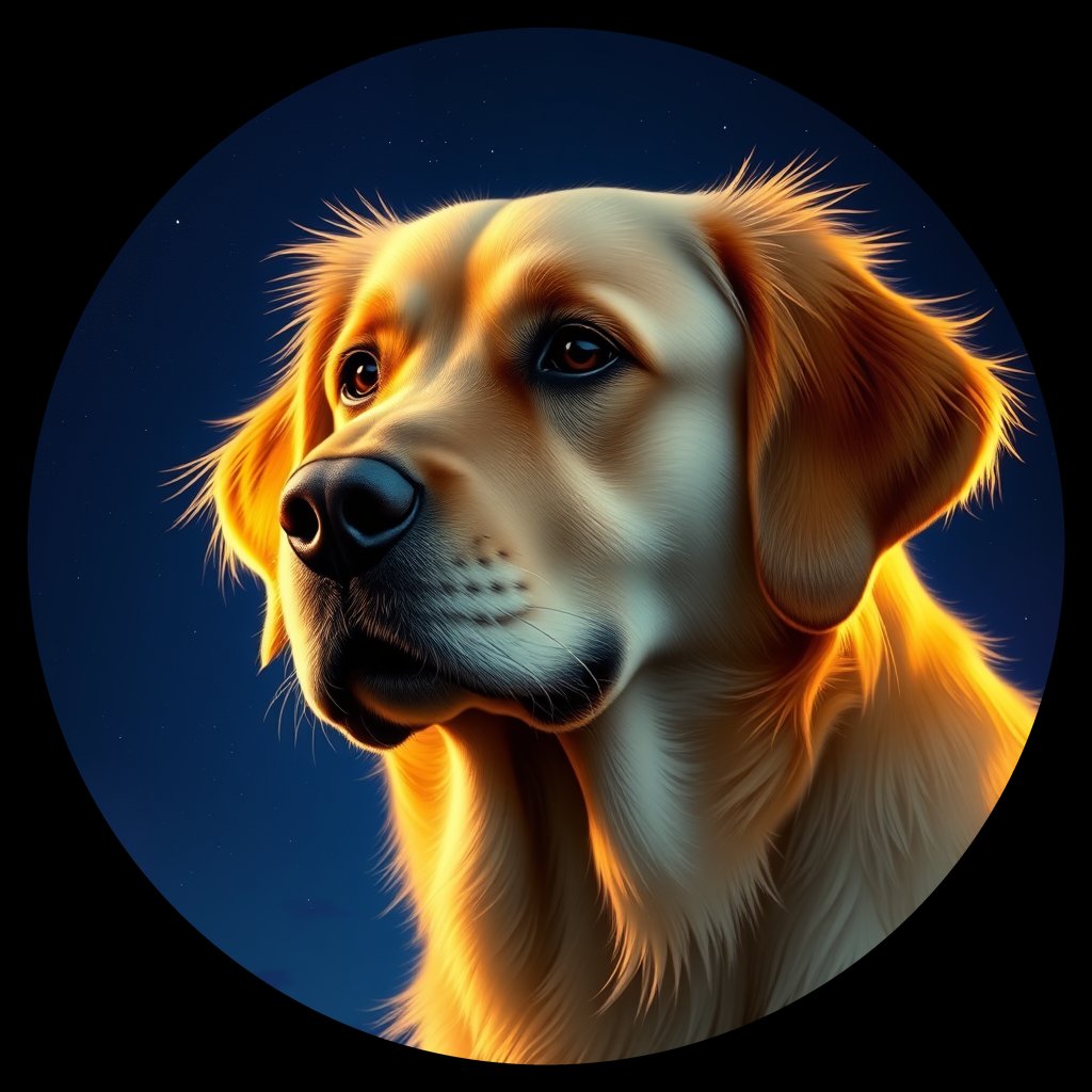Cosmic medallion portrait of GRLS_grls5Q94DIRR, a Golden Retriever