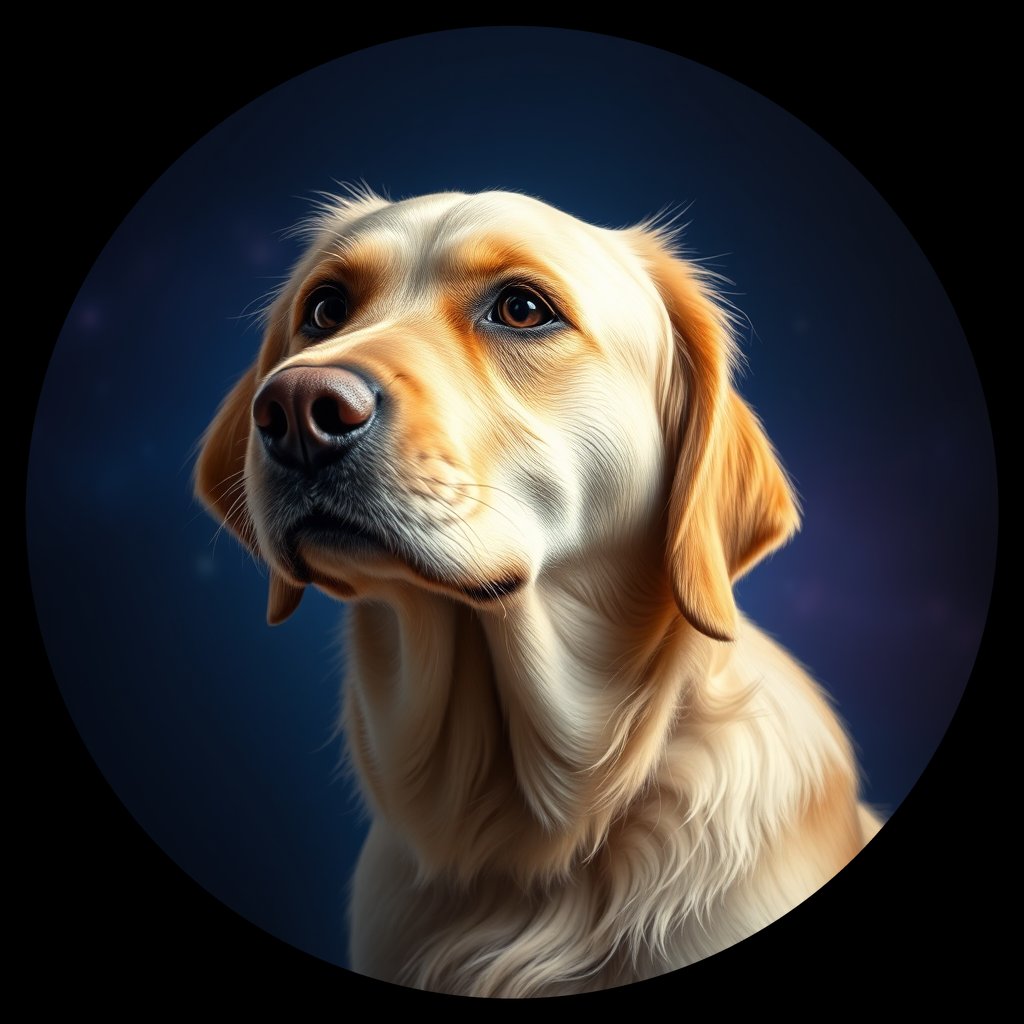 Cosmic medallion portrait of GRLS_grls5TD8U6QQ, a Golden Retriever