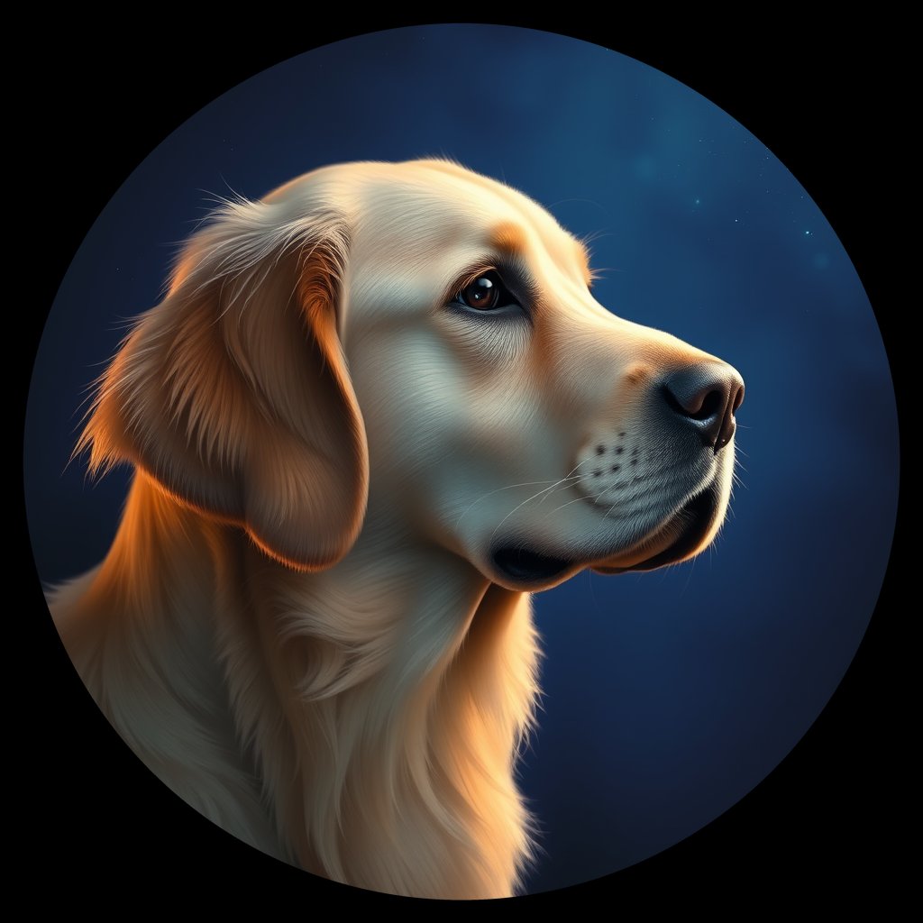 Cosmic medallion portrait of GRLS_grls5TDRJOZZ, a Golden Retriever