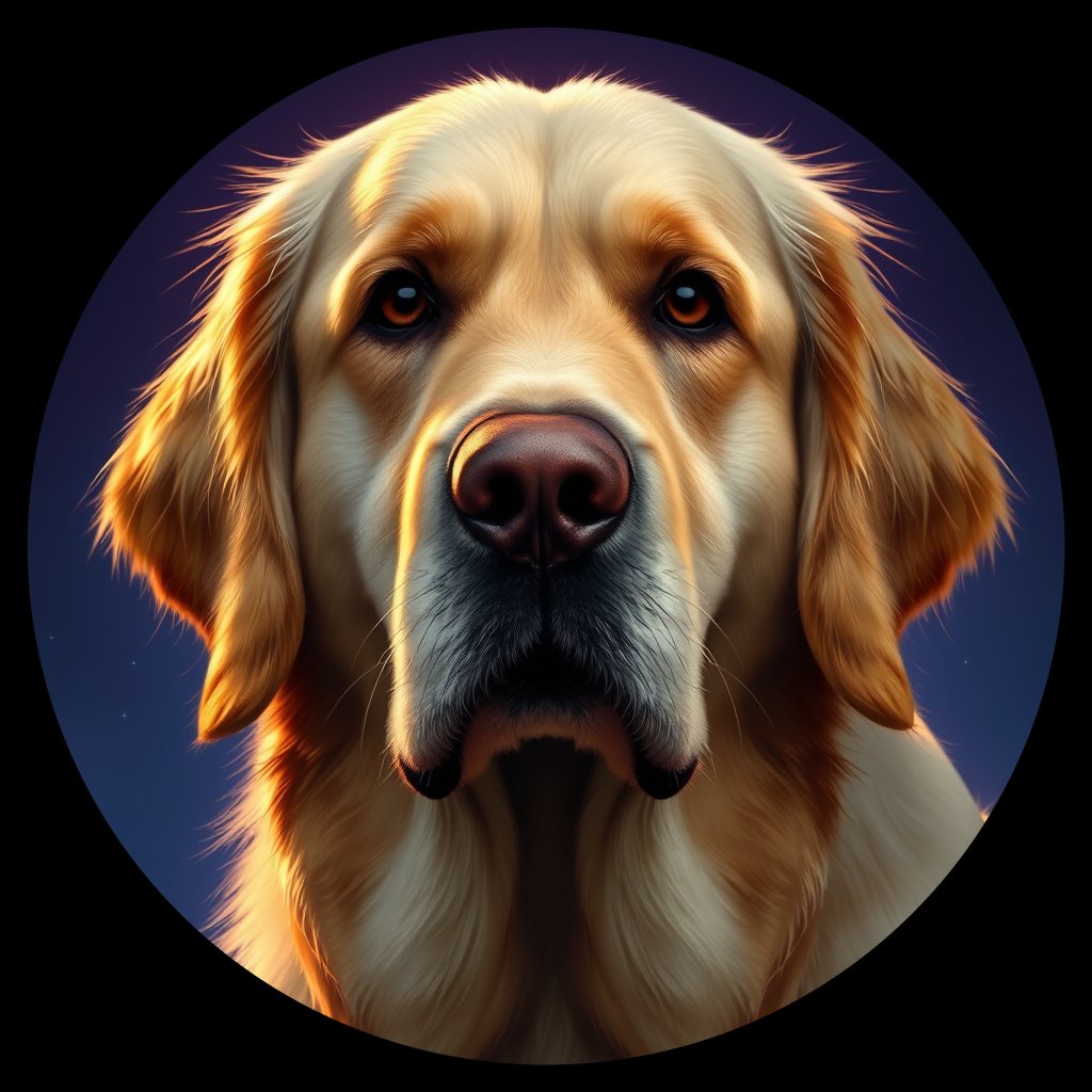 Cosmic medallion portrait of GRLS_grls5URG9JGG, a Golden Retriever
