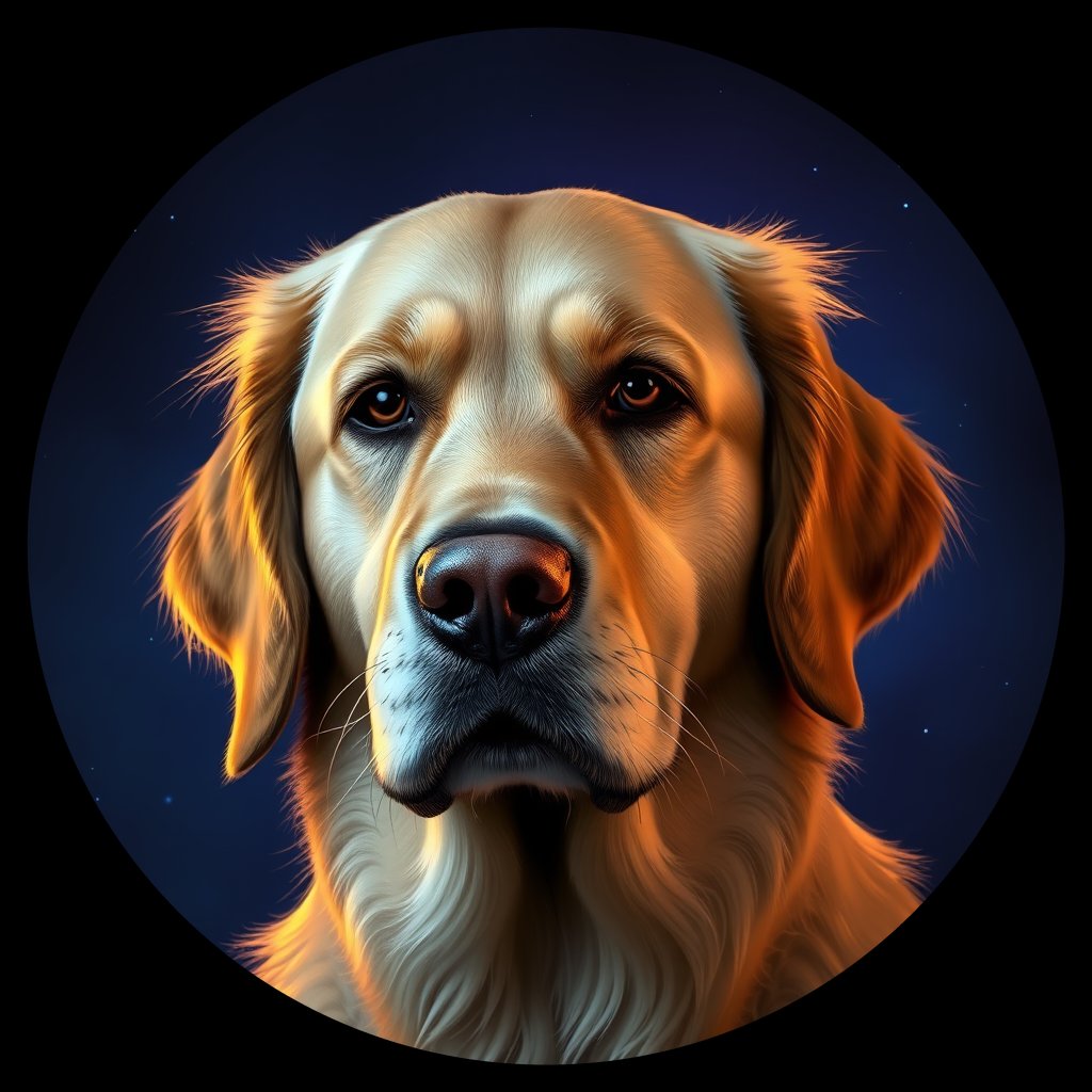 Cosmic medallion portrait of GRLS_grls5XCVFHTT, a Golden Retriever