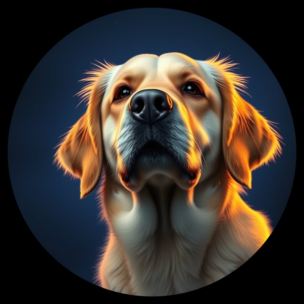 Cosmic medallion portrait of GRLS_grls634H26FF, a Golden Retriever