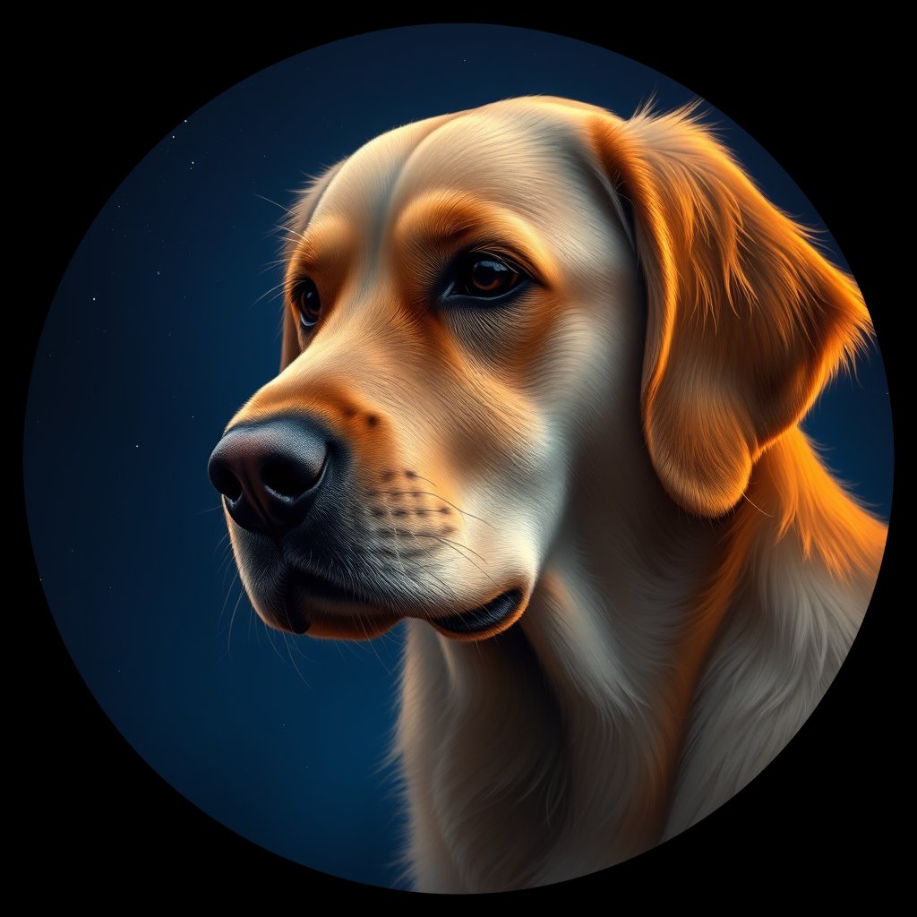 Cosmic medallion portrait of GRLS_grls64JASD99, a Golden Retriever