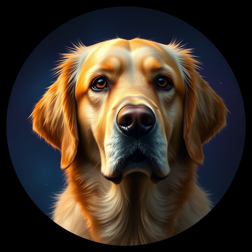 Cosmic medallion portrait of GRLS_grls68GFCHRR, a Golden Retriever