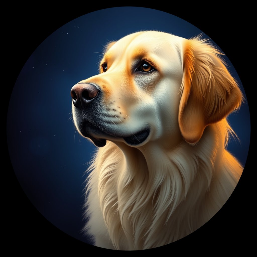 Cosmic medallion portrait of GRLS_grls68OB35EE, a Golden Retriever