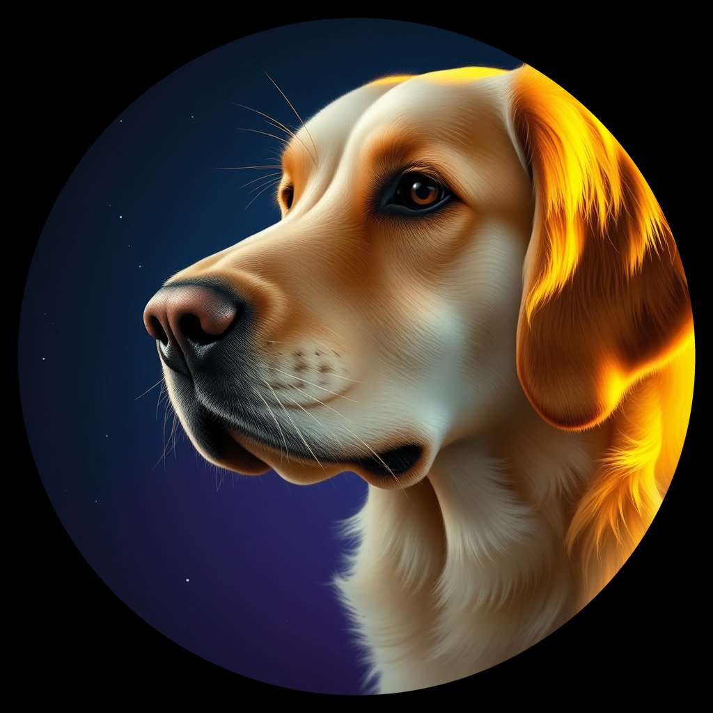 Cosmic medallion portrait of GRLS_grls69UW98GG, a Golden Retriever