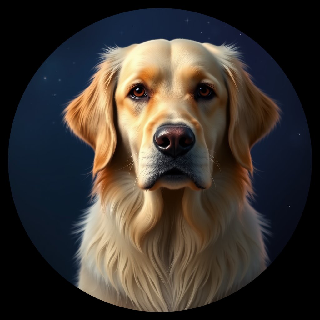 Cosmic medallion portrait of GRLS_grls6I33D5LL, a Golden Retriever