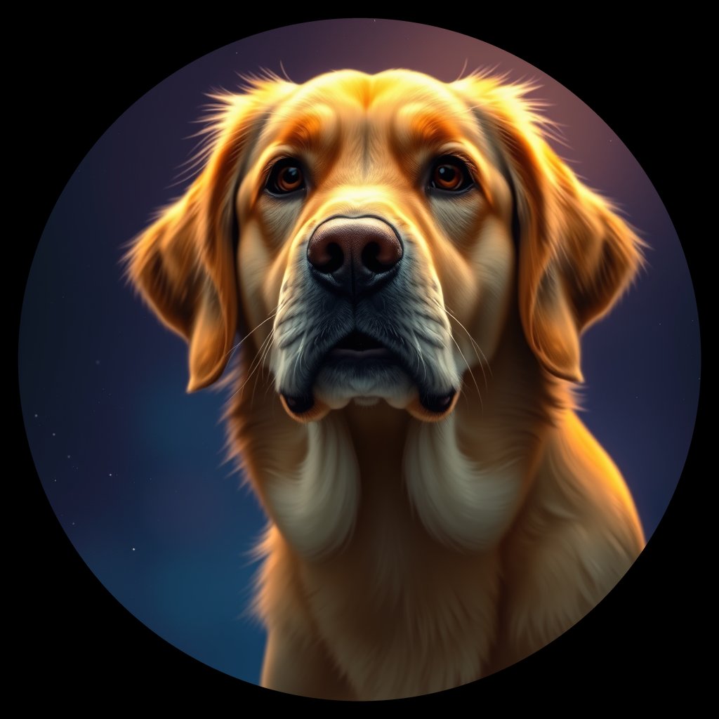 Cosmic medallion portrait of GRLS_grls6J8CR300, a Golden Retriever