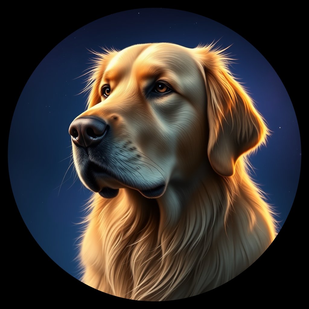 Cosmic medallion portrait of GRLS_grls6QK7O55, a Golden Retriever