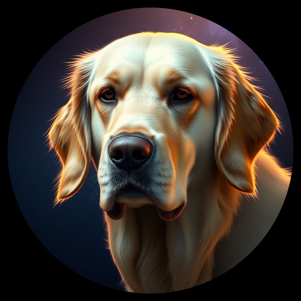 Cosmic medallion portrait of GRLS_grls7259A4YY, a Golden Retriever