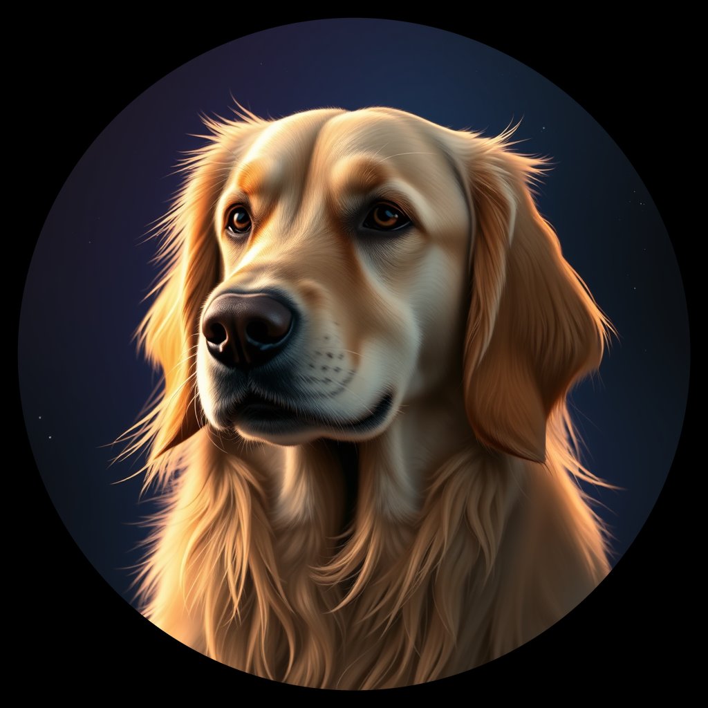 Cosmic medallion portrait of GRLS_grls734CP6GG, a Golden Retriever