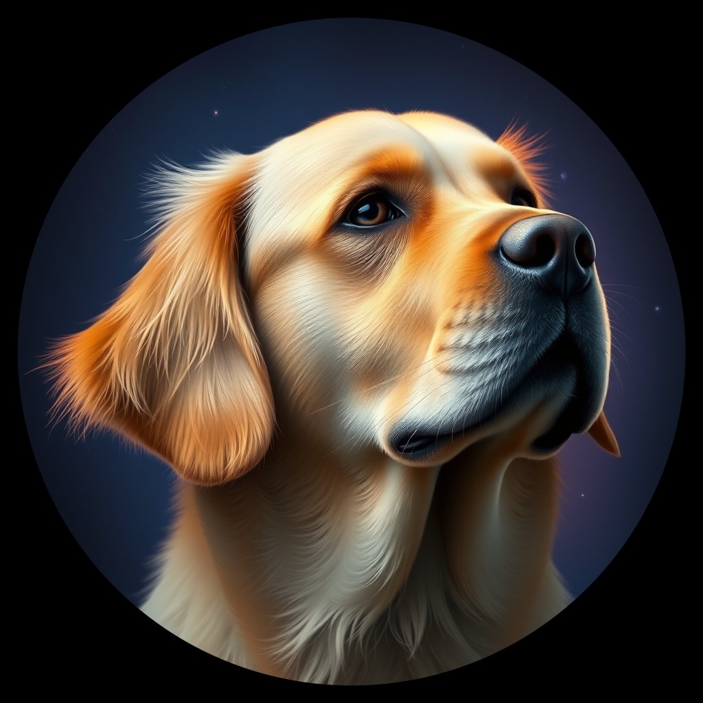Cosmic medallion portrait of GRLS_grls73XX08KK, a Golden Retriever
