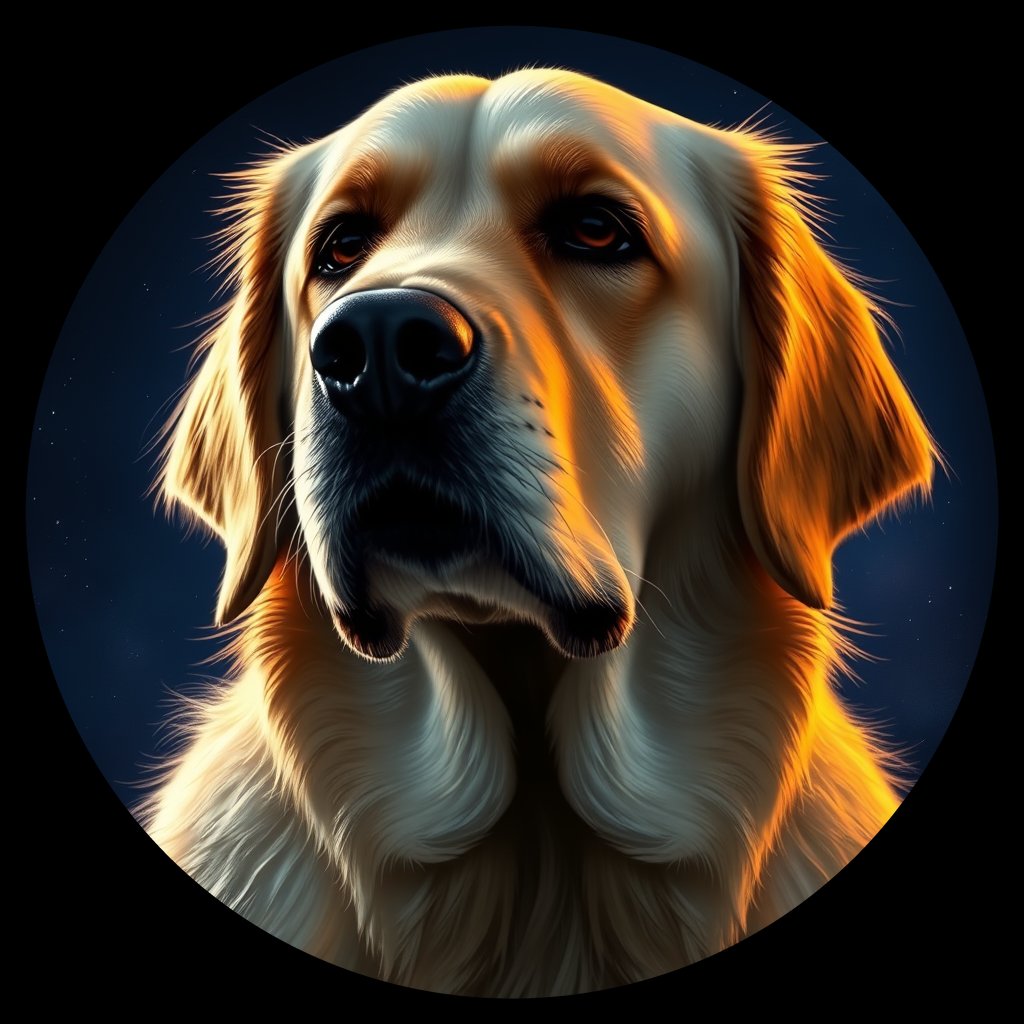 Cosmic medallion portrait of GRLS_grls74CM5J99, a Golden Retriever