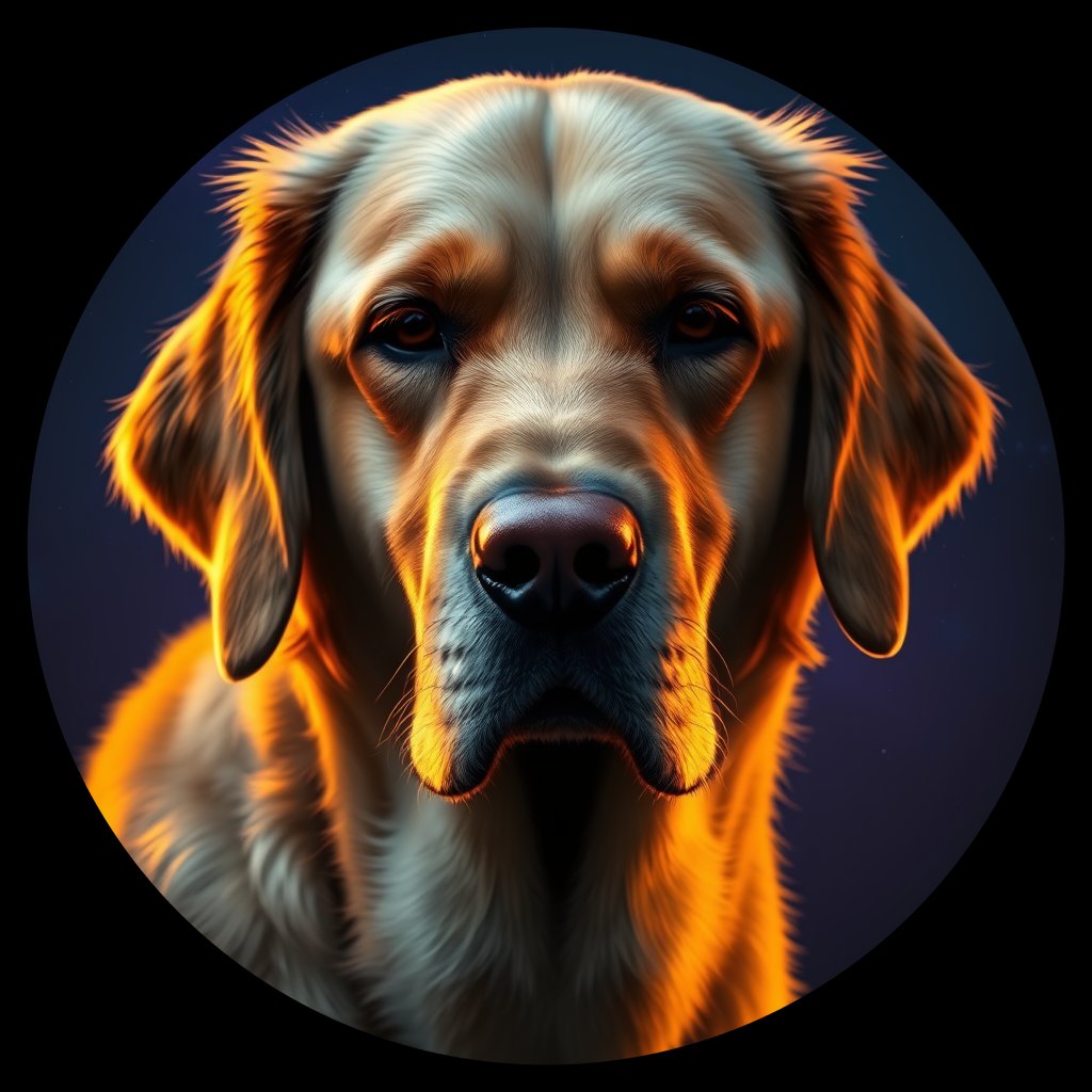 Cosmic medallion portrait of GRLS_grls7AXC61II, a Golden Retriever