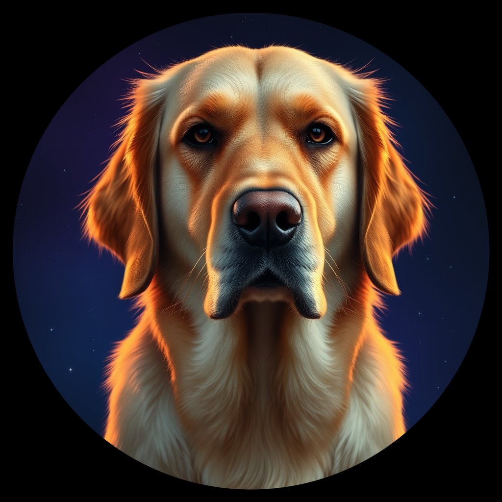 Cosmic medallion portrait of GRLS_grls7CEE0QXX, a Golden Retriever