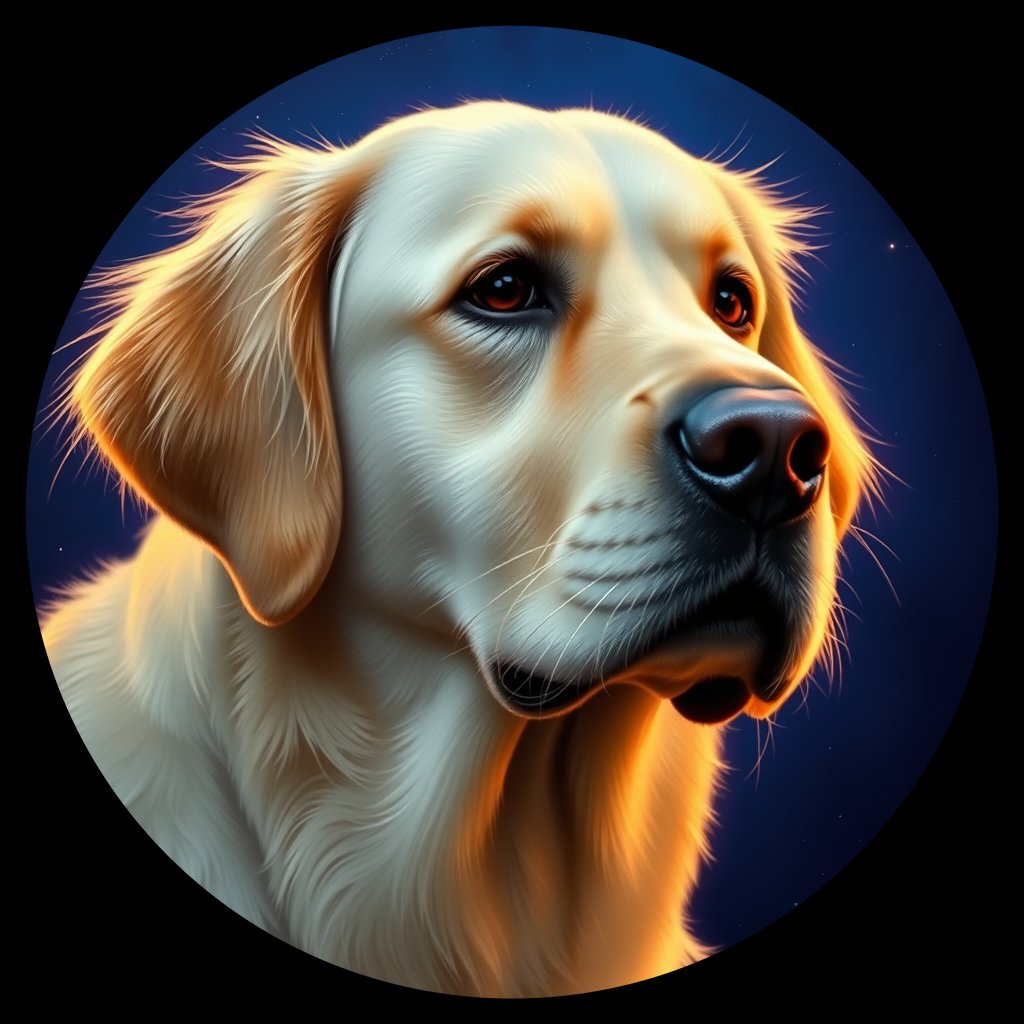 Cosmic medallion portrait of GRLS_grls7EYMKCMM, a Golden Retriever