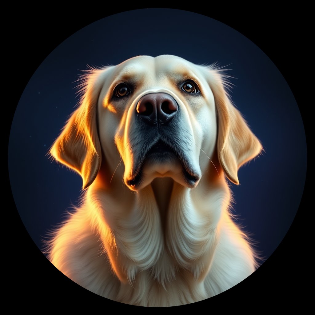 Cosmic medallion portrait of GRLS_grls7FLU3VQQ, a Golden Retriever
