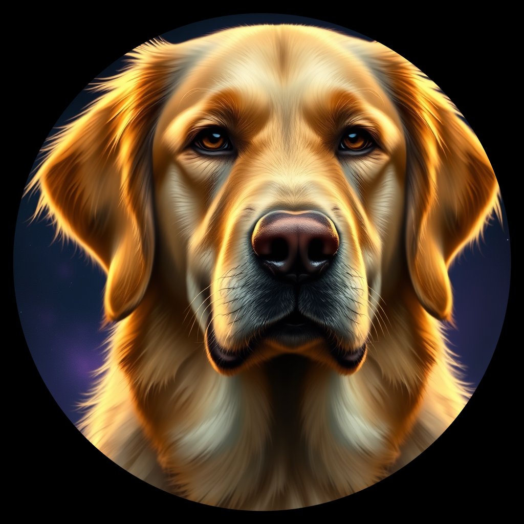 Cosmic medallion portrait of GRLS_grls7HU5QE00, a Golden Retriever