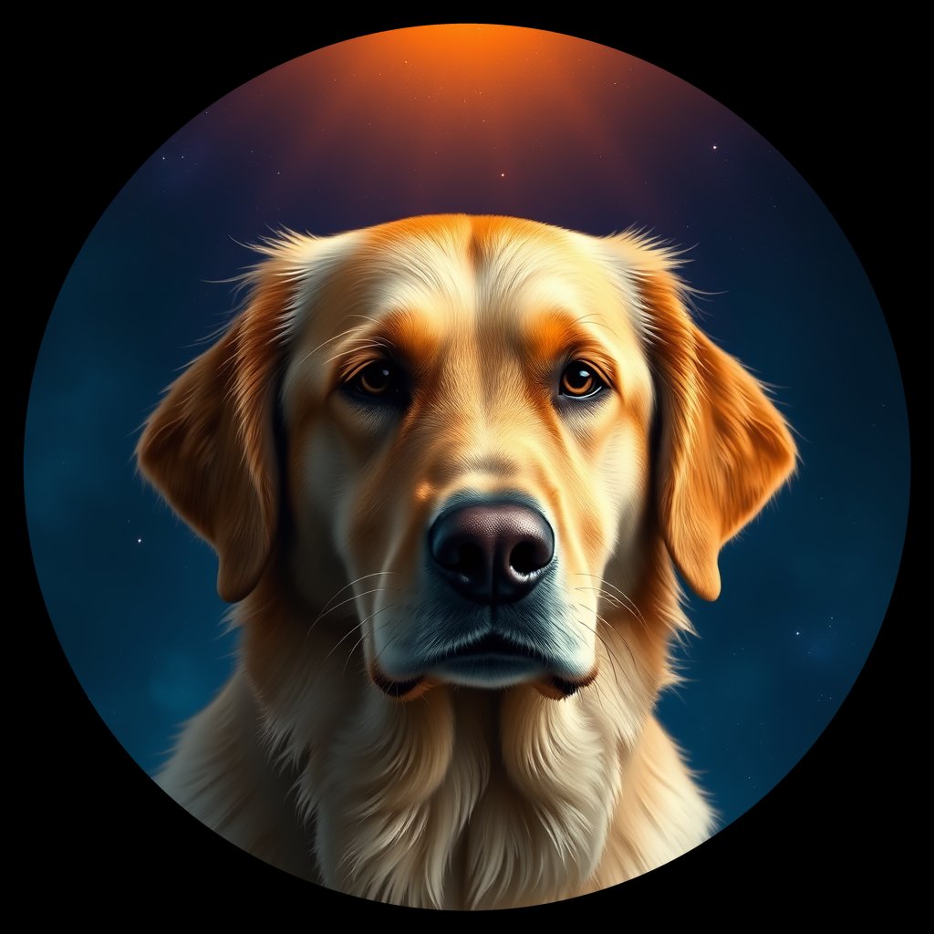 Cosmic medallion portrait of GRLS_grls7I2V5P33, a Golden Retriever