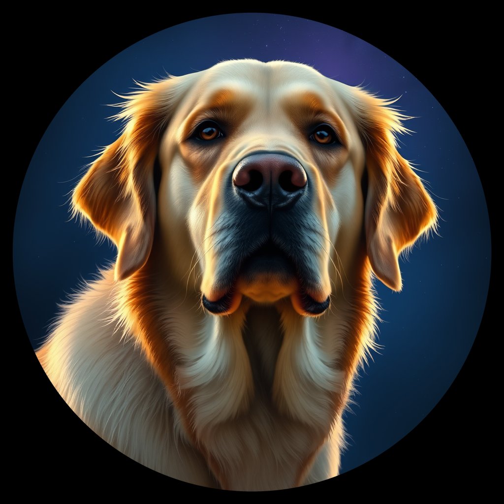 Cosmic medallion portrait of GRLS_grls7J2S3MM, a Golden Retriever